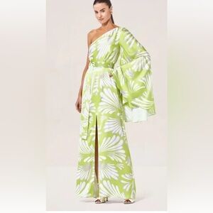 Alexis "Lio" lime green floral one shoulder boho 70s maxi dress gown XS